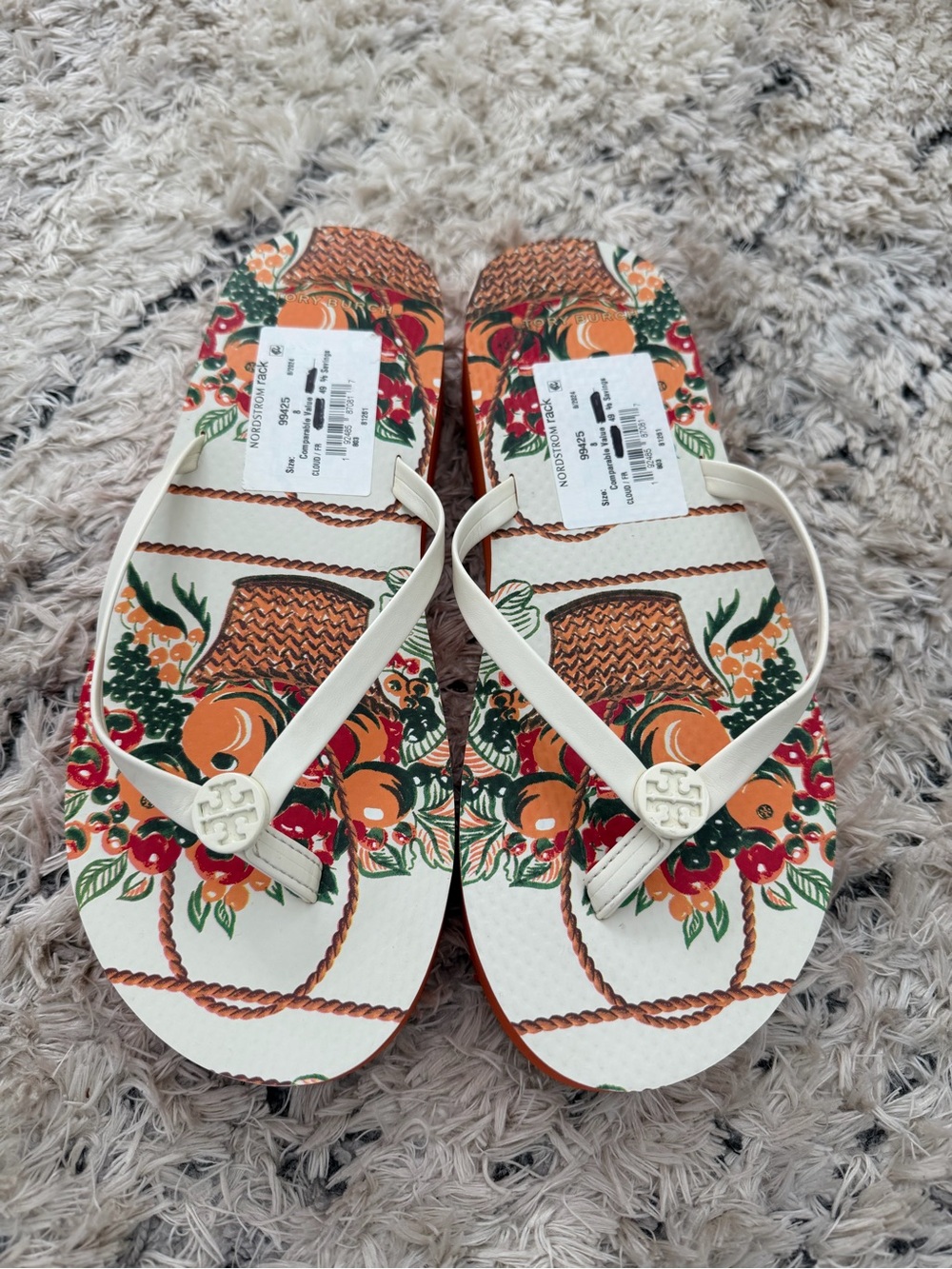 Tory Burch White Floral & Fruit Print Thong Sandals with Logo NWT